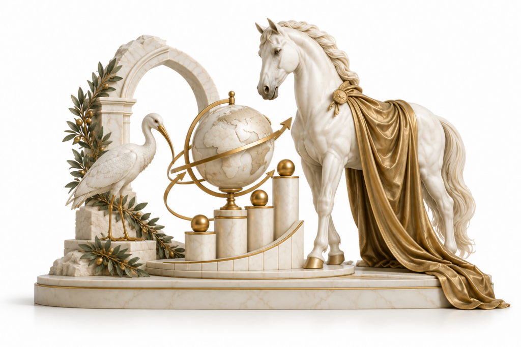 Ivory horse and ibis illustration for Strategic financial management.