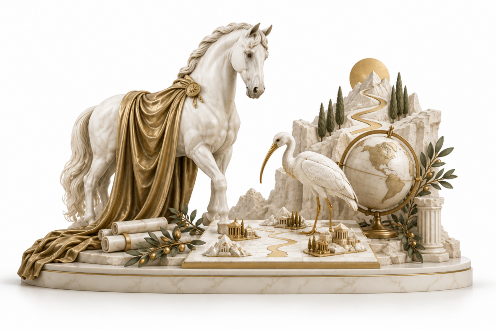 Ivory horse and ibis illustration for Strategic management.