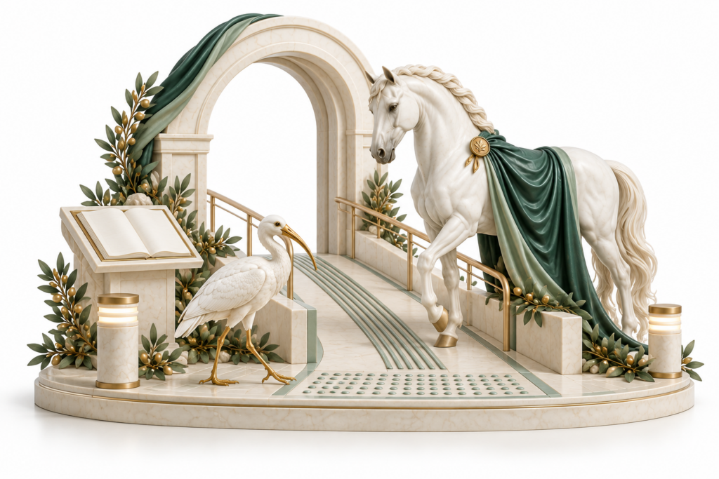 Ivory horse and ibis illustration for Physical and sensory accessibility.