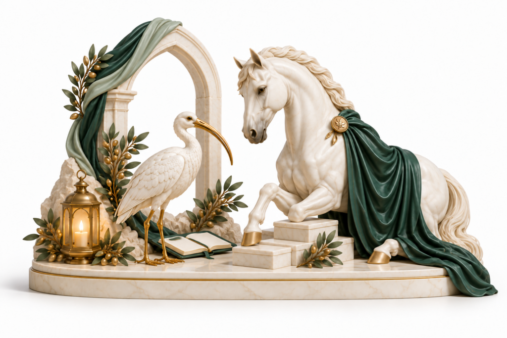 Ivory horse and ibis illustration for Coaching practice, conversations and learner support.