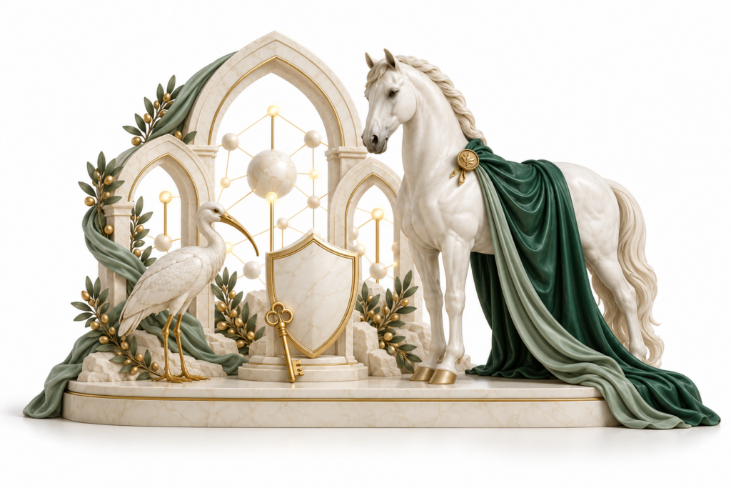 Ivory horse and ibis illustration for Cyber security awareness.