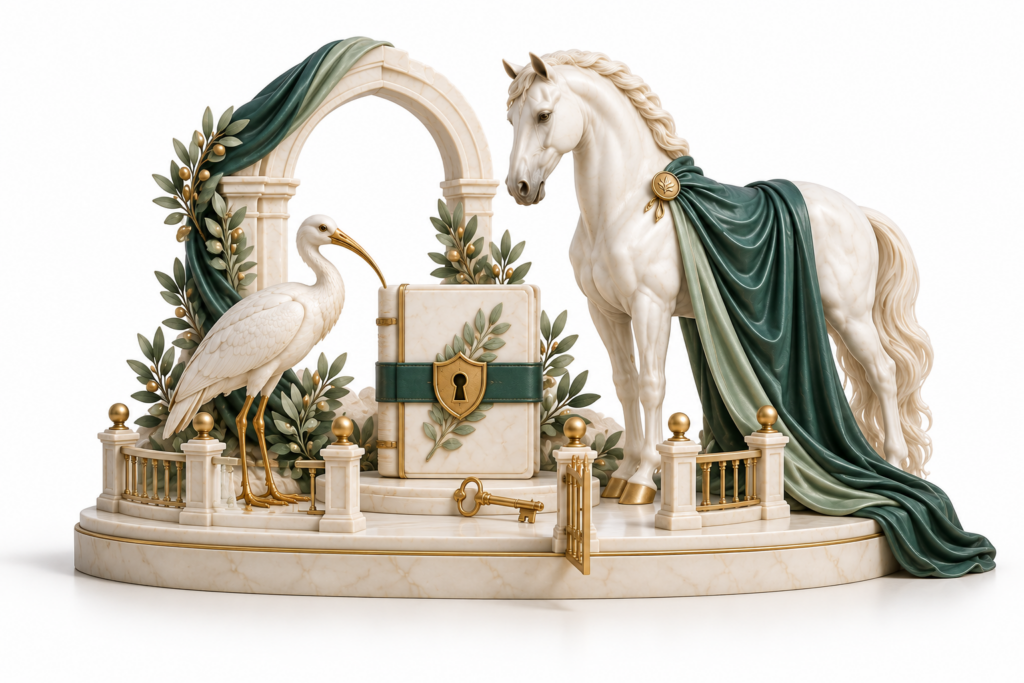 Ivory horse and ibis illustration for Data protection and GDPR.