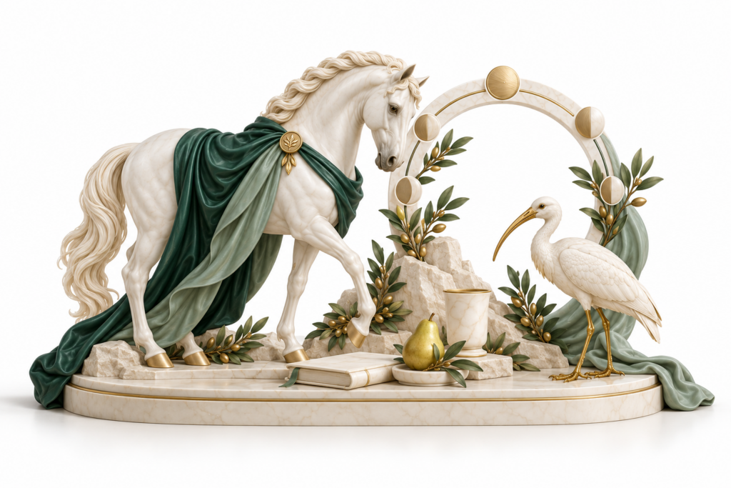 Ivory horse and ibis illustration for Healthy living for work and study.