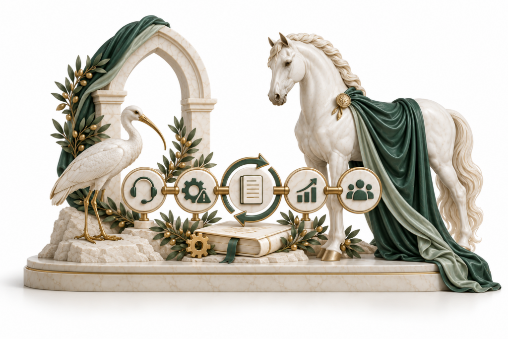 Ivory horse and ibis illustration for IT service management.