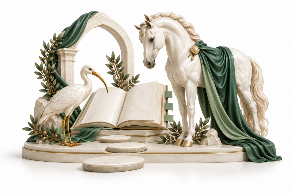 Ivory horse and ibis illustration for General learning and platform orientation.