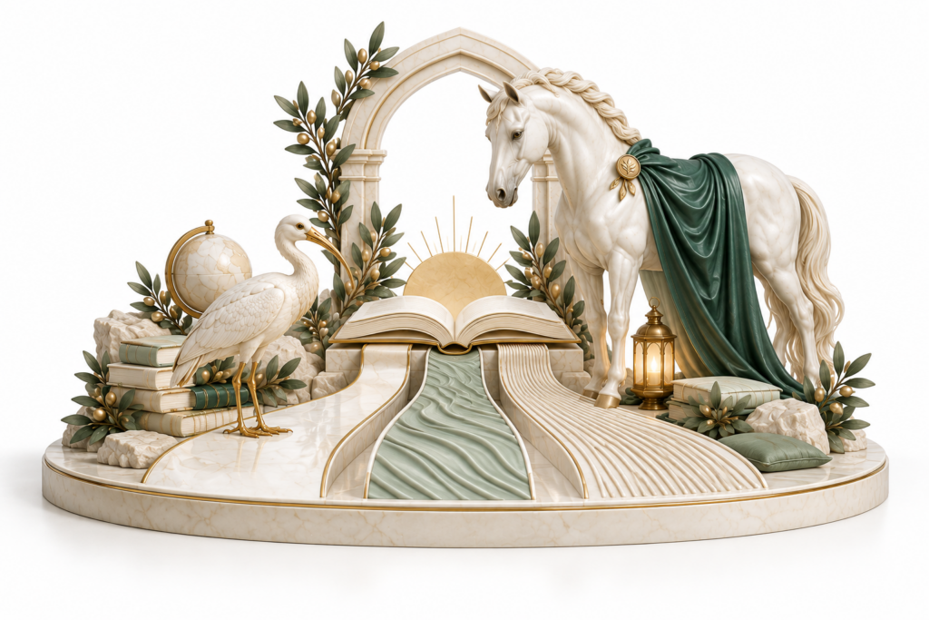 Ivory horse and ibis illustration for Neurodiversity and inclusive learning support.