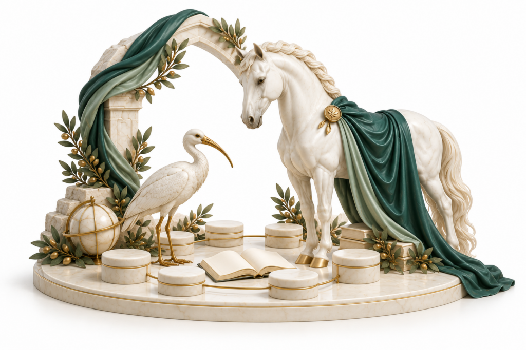 Ivory horse and ibis illustration for Prevent and radicalisation awareness.