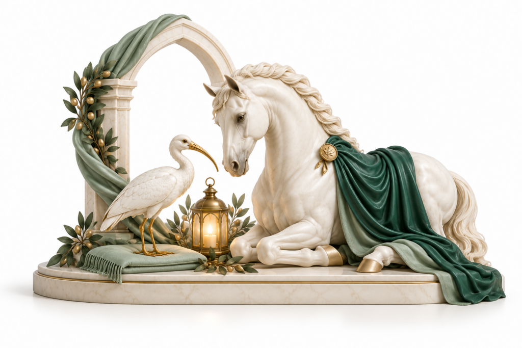 Ivory horse and ibis illustration for Suicidal risk awareness.