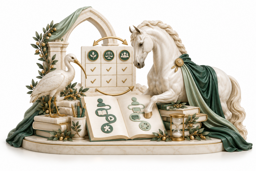 Ivory horse and ibis illustration for Inclusive teaching and assessment practice.