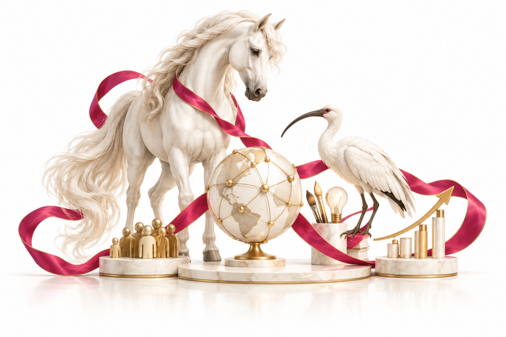 Ivory horse and ibis illustration for AI in marketing.