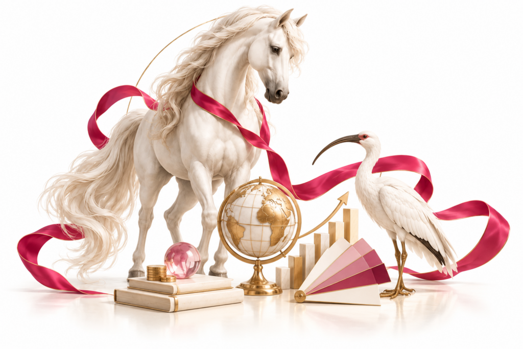 Ivory horse and ibis illustration for Commercial intelligence.
