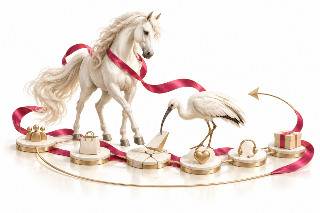 Ivory horse and ibis illustration for Customer journey optimisation.