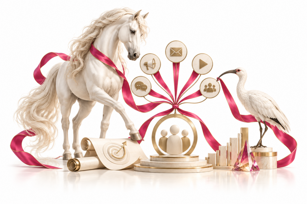 Ivory horse and ibis illustration for Marketing impact and integrated campaigns.