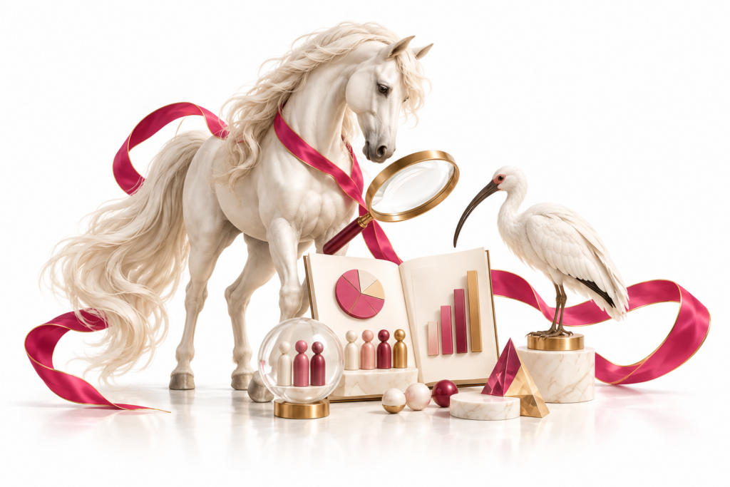 Ivory horse and ibis illustration for Market research.