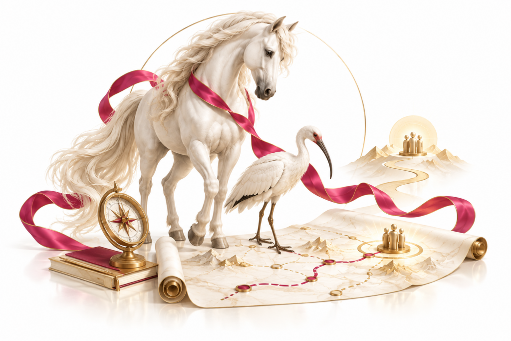 Ivory horse and ibis illustration for Marketing strategy and planning.