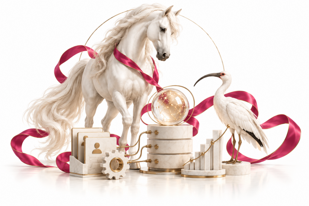 Ivory horse and ibis illustration for Marketing technology.