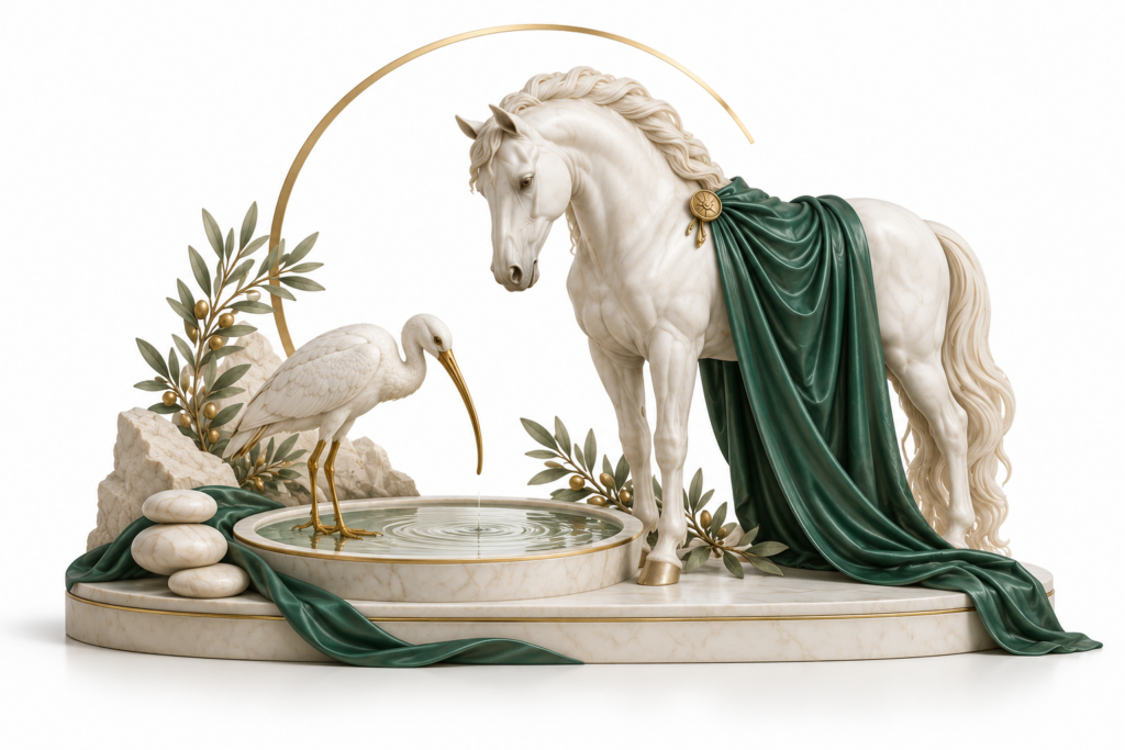 Ivory horse and ibis illustration for Mental wellbeing and inclusive participation.