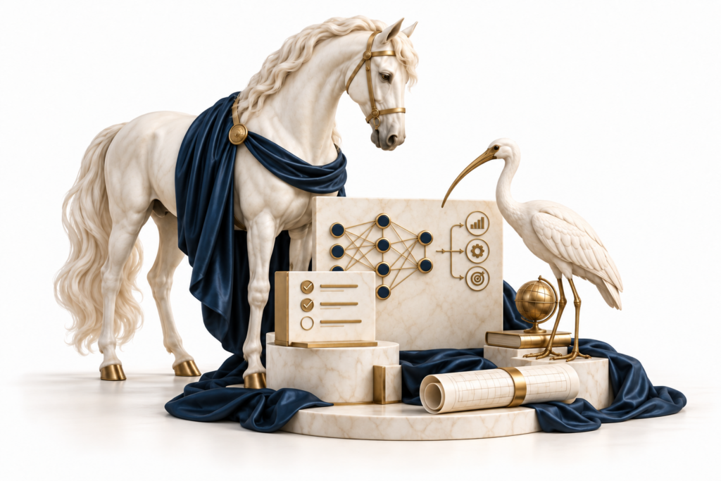 Ivory horse and ibis illustration for AI in project controls.