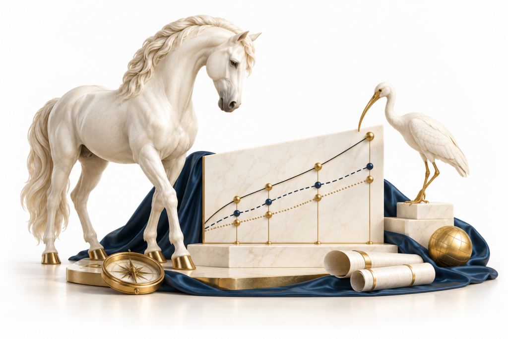 Ivory horse and ibis illustration for Earned value management.
