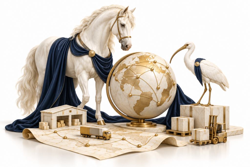 Ivory horse and ibis illustration for Advanced project and logistics management.
