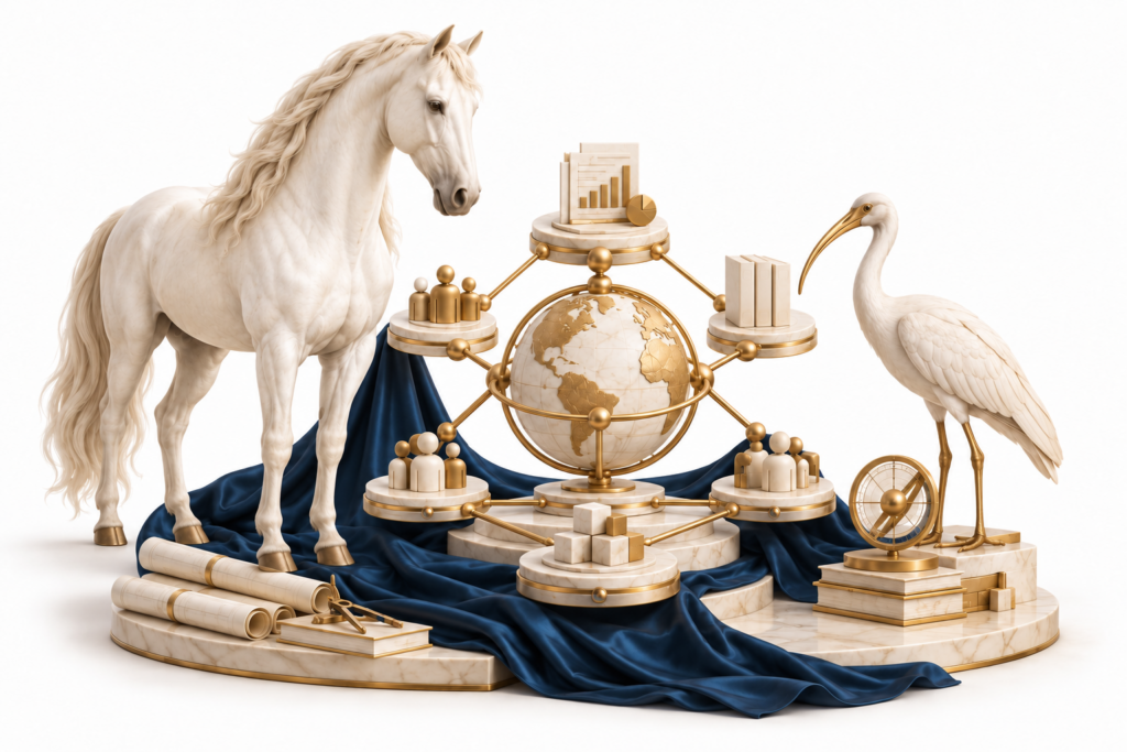 Ivory horse and ibis illustration for Project management office.