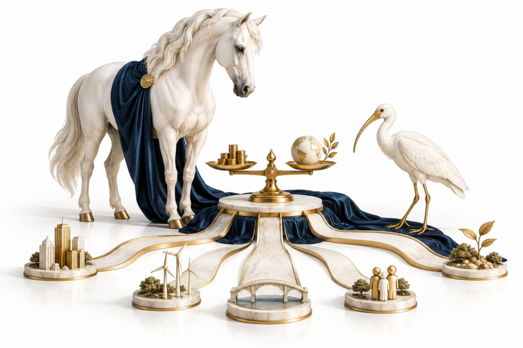 Ivory horse and ibis illustration for Portfolio management.