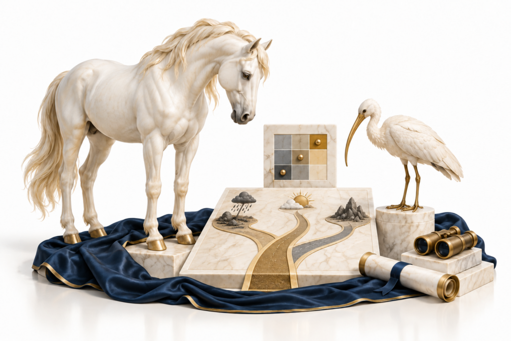 Ivory horse and ibis illustration for Risk management.