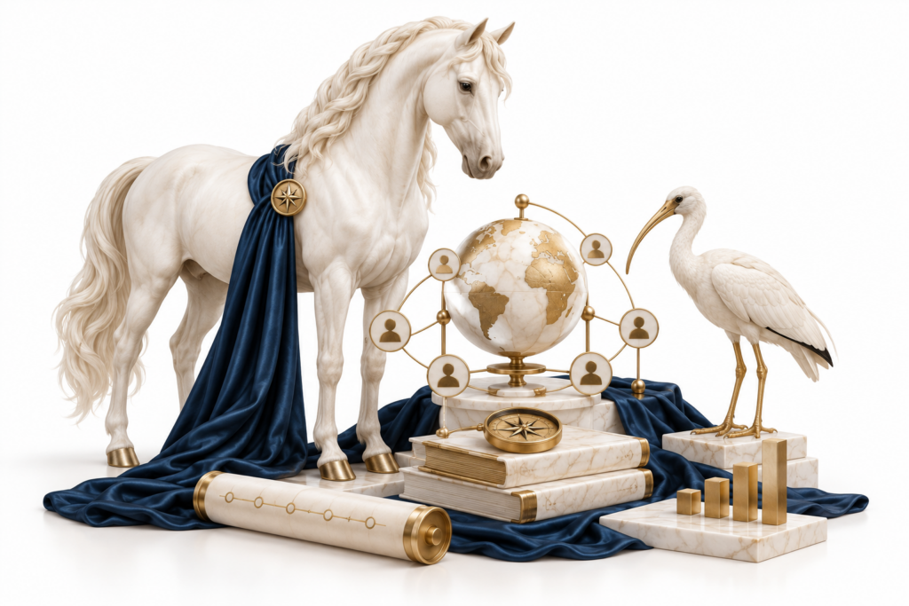Ivory horse and ibis illustration for Stakeholder management and reporting.