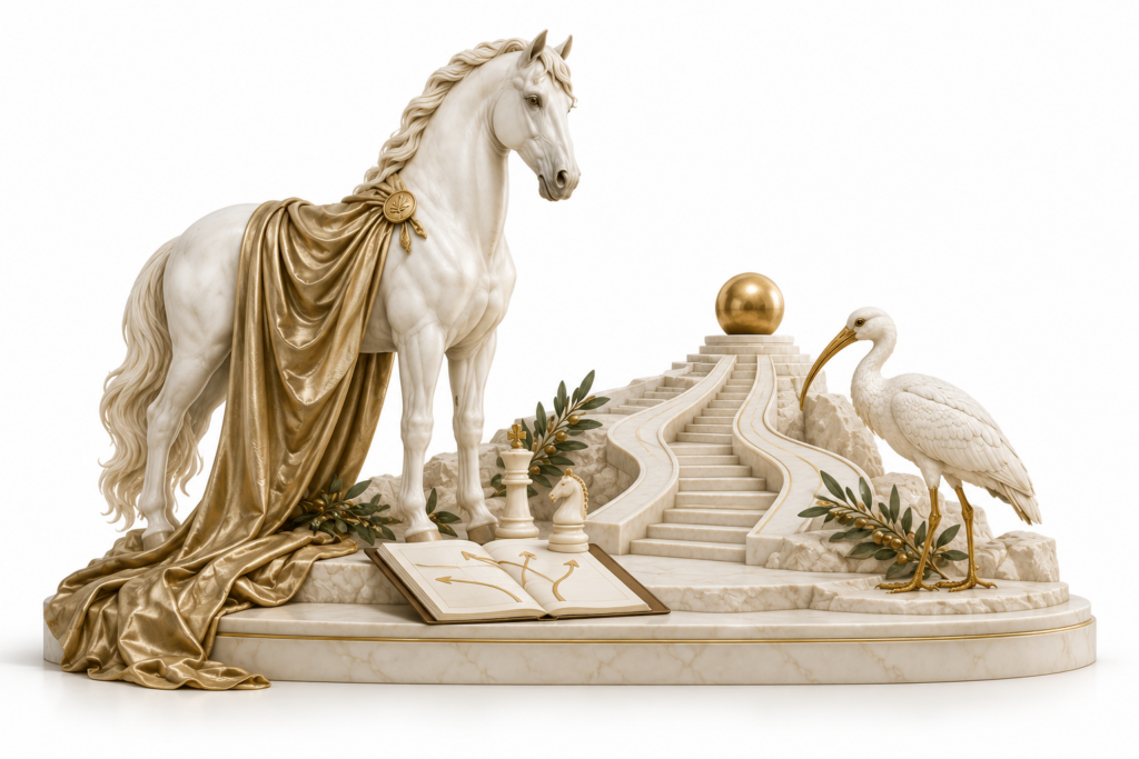 Ivory horse and ibis illustration for Strategic leadership.